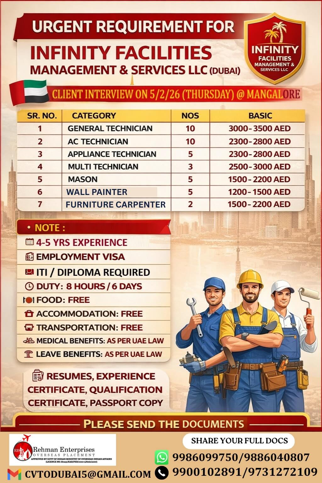 URGENT REQUIREMENT FOR INFINITY FACILITIES MANAGEMENT &  SERVICES-DUBAI