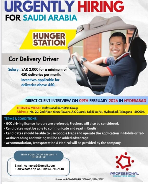Direct client interview in Hyderabad – 09 Feb 2026, Big Opportunity for Car Delivery Drivers in Saudi Arabia with Hunger Station!