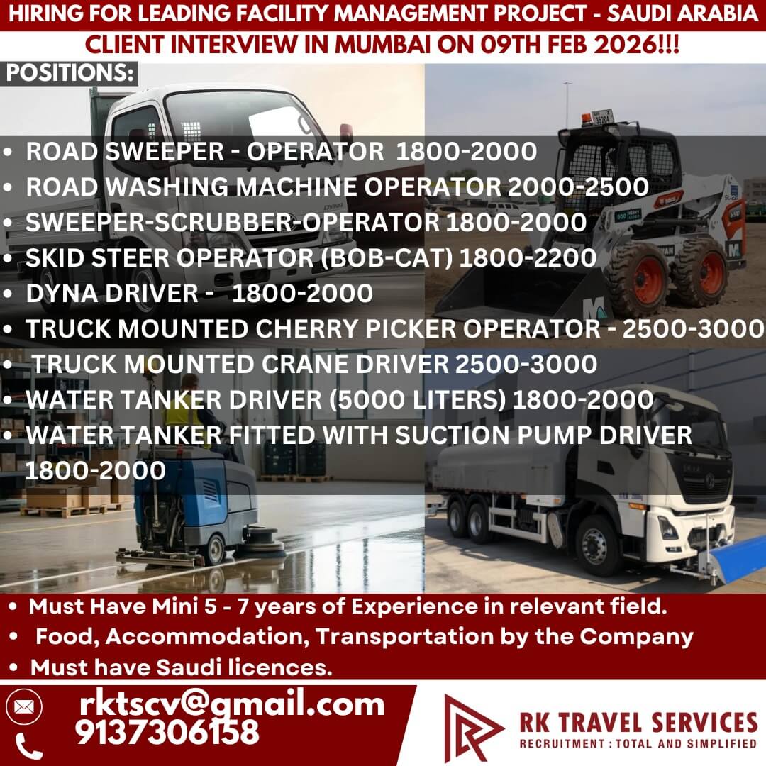 HIRING FOR LEADING FACILITY MANAGEMENT PROJECT - SAUDI ARABIA CLIENT INTERVIEW IN MUMBAI ON 09TH FEB 2026!!!