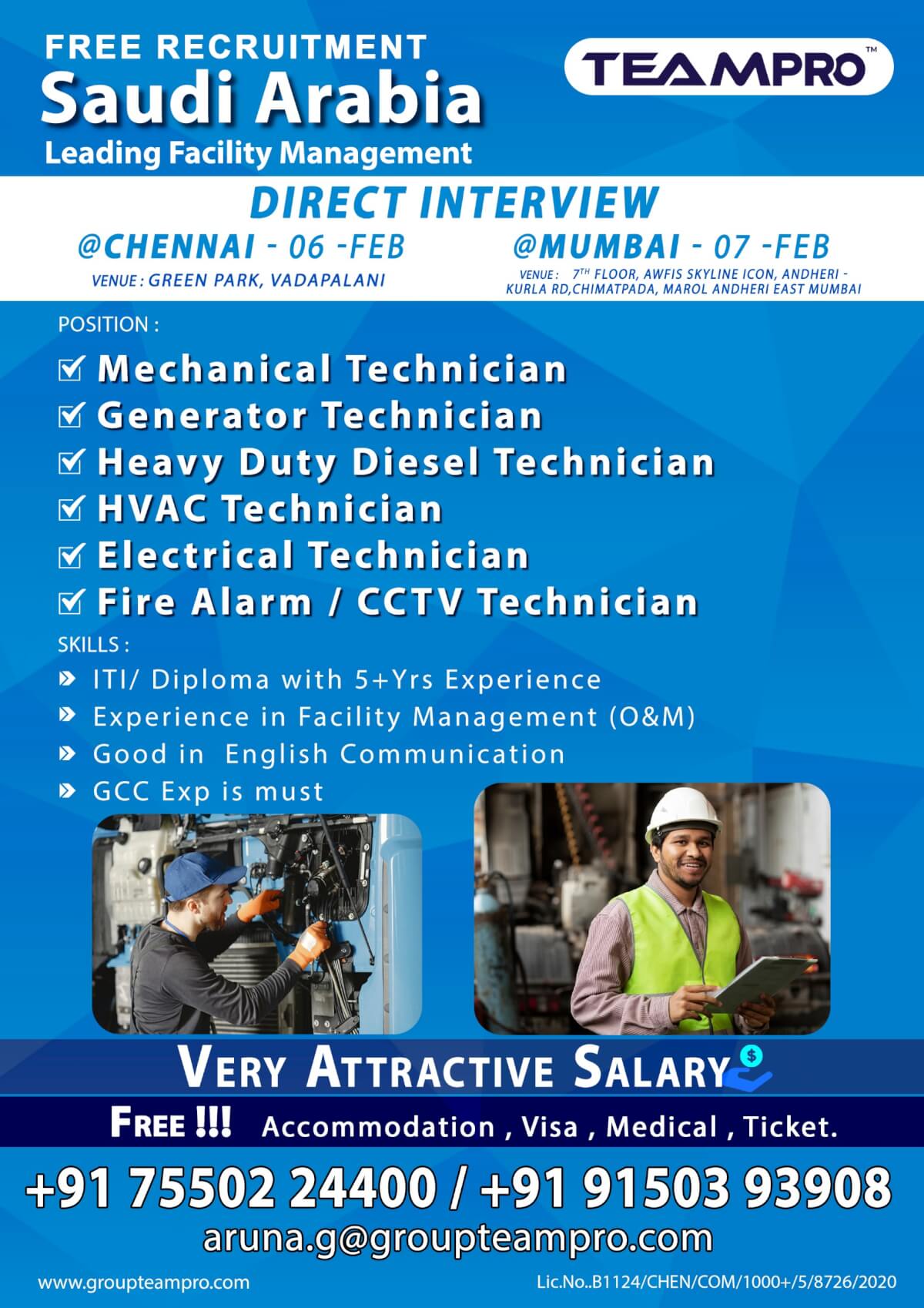 ? Free Recruitment ? HIRING FOR SAUDI ARABIA – FACILITY MANAGEMENT (O&M) ? Free Recruitment ? HIRING FOR SAUDI ARABIA – FACILITY MANAGEMENT (O&M)