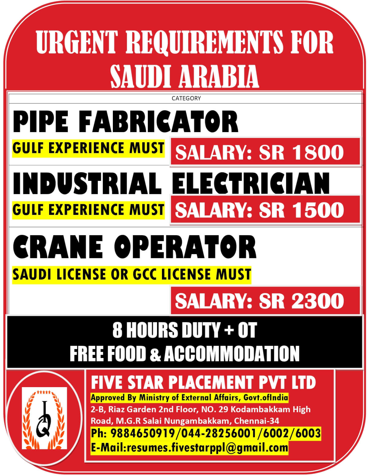 URGENTLY REQUIRED FOR SAUDI ARABIA URGENTLY REQUIRED FOR SAUDI ARABIA