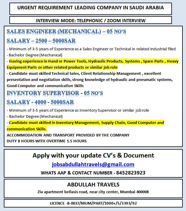 URGENT REQUIREMENT LEADING COMPANY IN SAUDI ARABIA