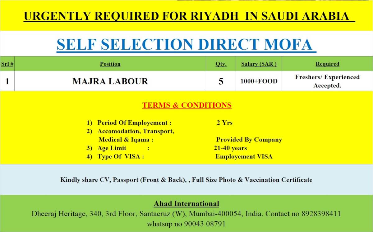 URGENTLY REQIURED FOR SAUDI ARABIA