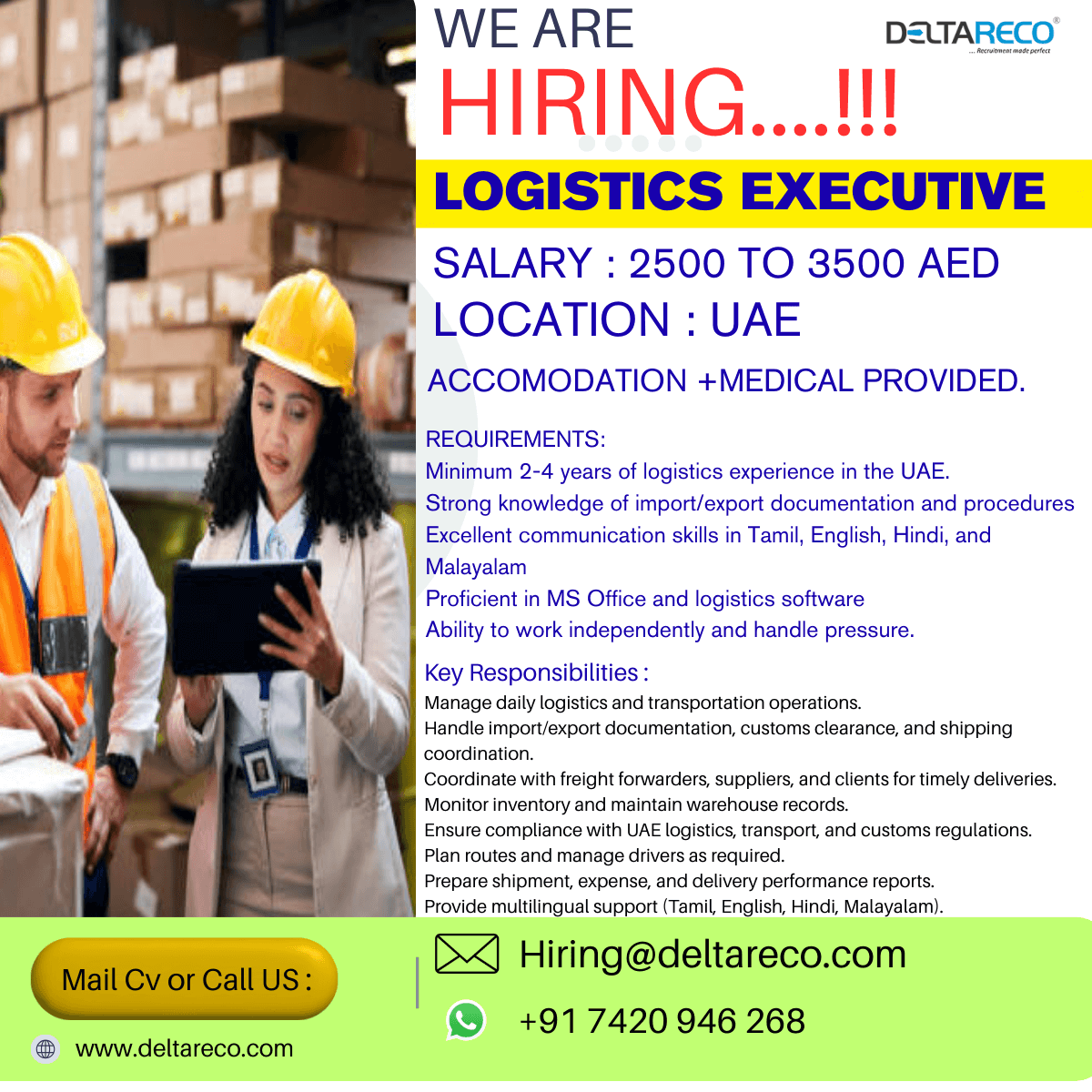 Hiring Logistics Executive for  UAE