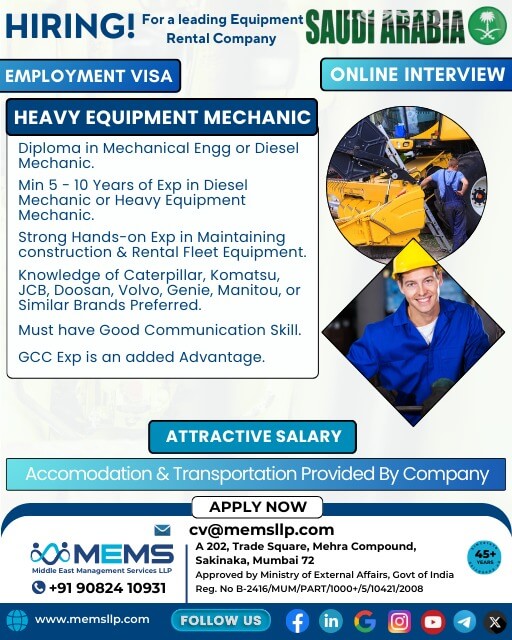 We are hiring for a Leading Equipment Rental Company in Saudi Arabia