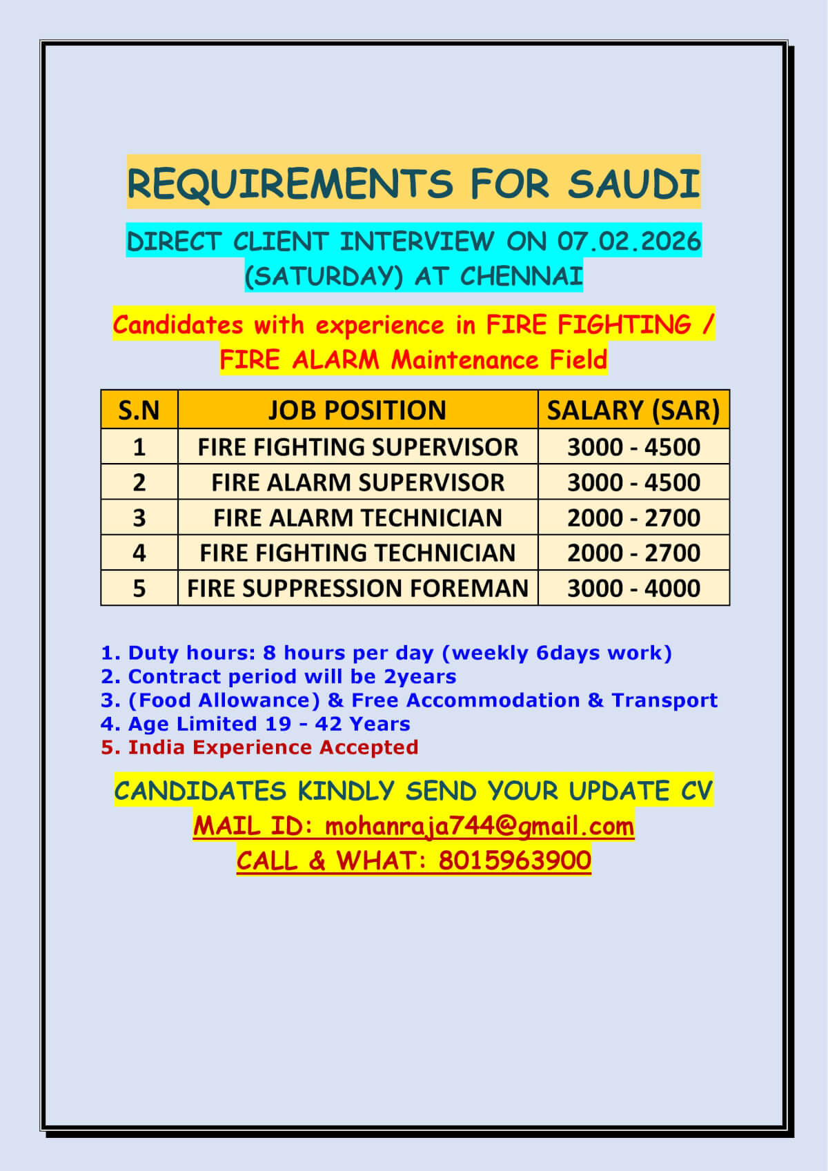 REQUIREMENTS FOR SAUDI - DIRECT CLIENT INTERVIEW ON 07.02.2026 (SATURDAY) AT CHENNAI REQUIREMENTS FOR SAUDI - DIRECT CLIENT INTERVIEW ON 07.02.2026 (SATURDAY) AT CHENNAI