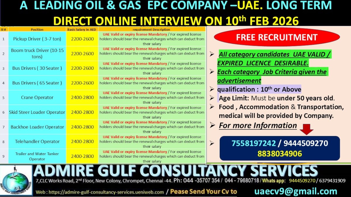 A  LEADING OIL & GAS EPC COMPANY - UAE-LONG TERM . DIRECT CLEINT ONLINE INTERVIEW ON 10th FEBRUARY 2026