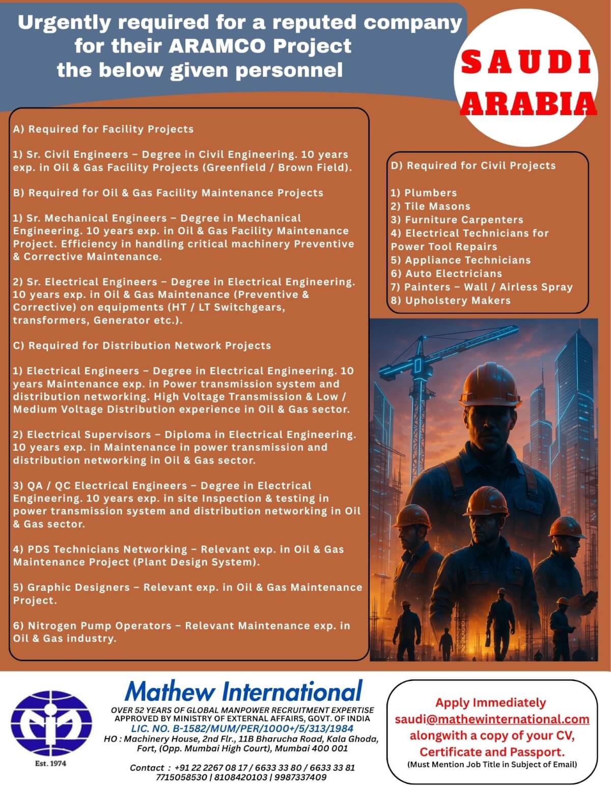 Saudi - Urgently required for a reputed company for their ARAMCO Project the below given personnel