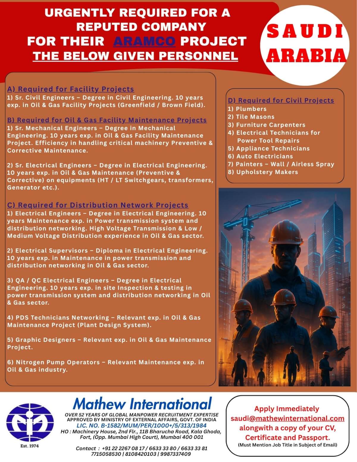 Saudi - Urgently required for a reputed company for their ARAMCO Project the below given personnel