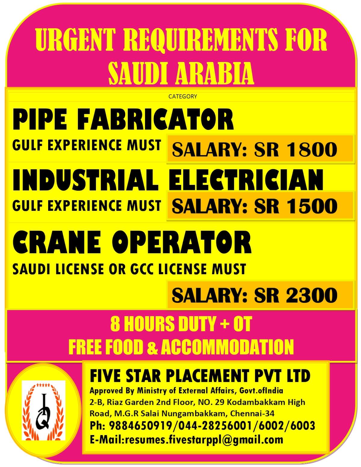 URGENTLY REQUIRED FOR SAUDI ARABIA