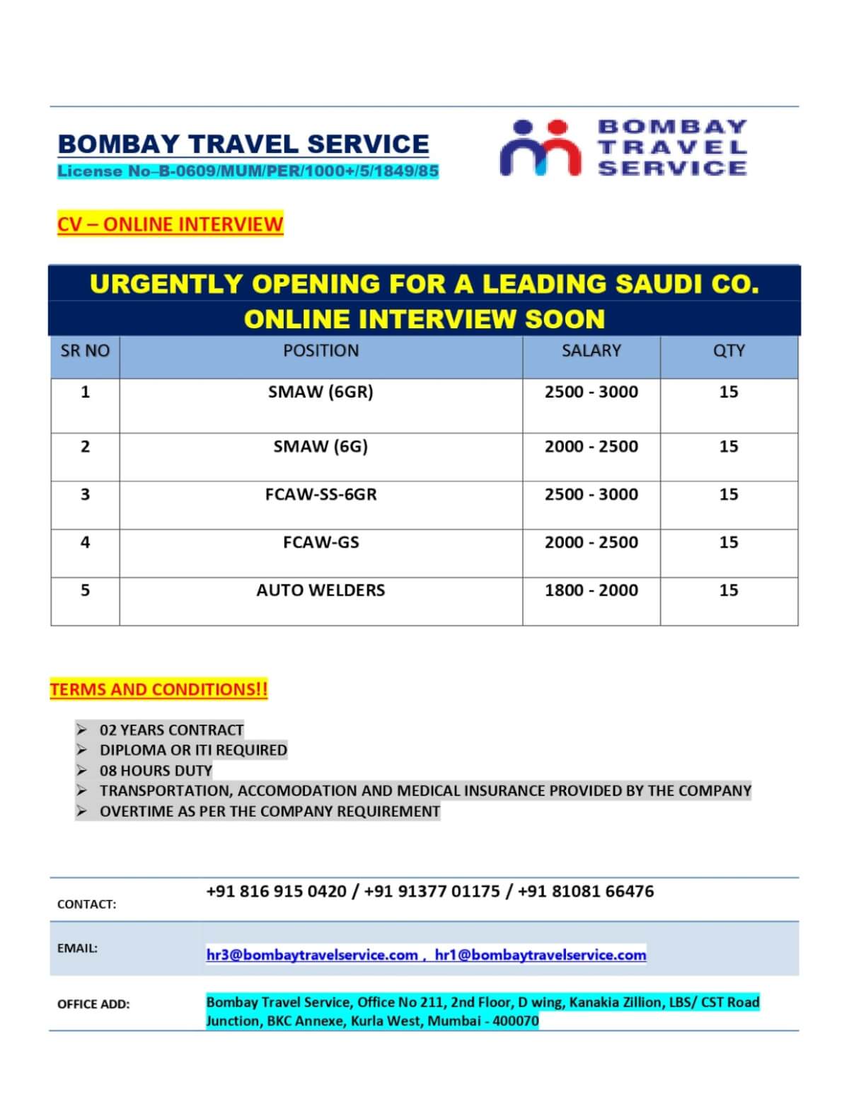 Urgently required for ksa reputed co.