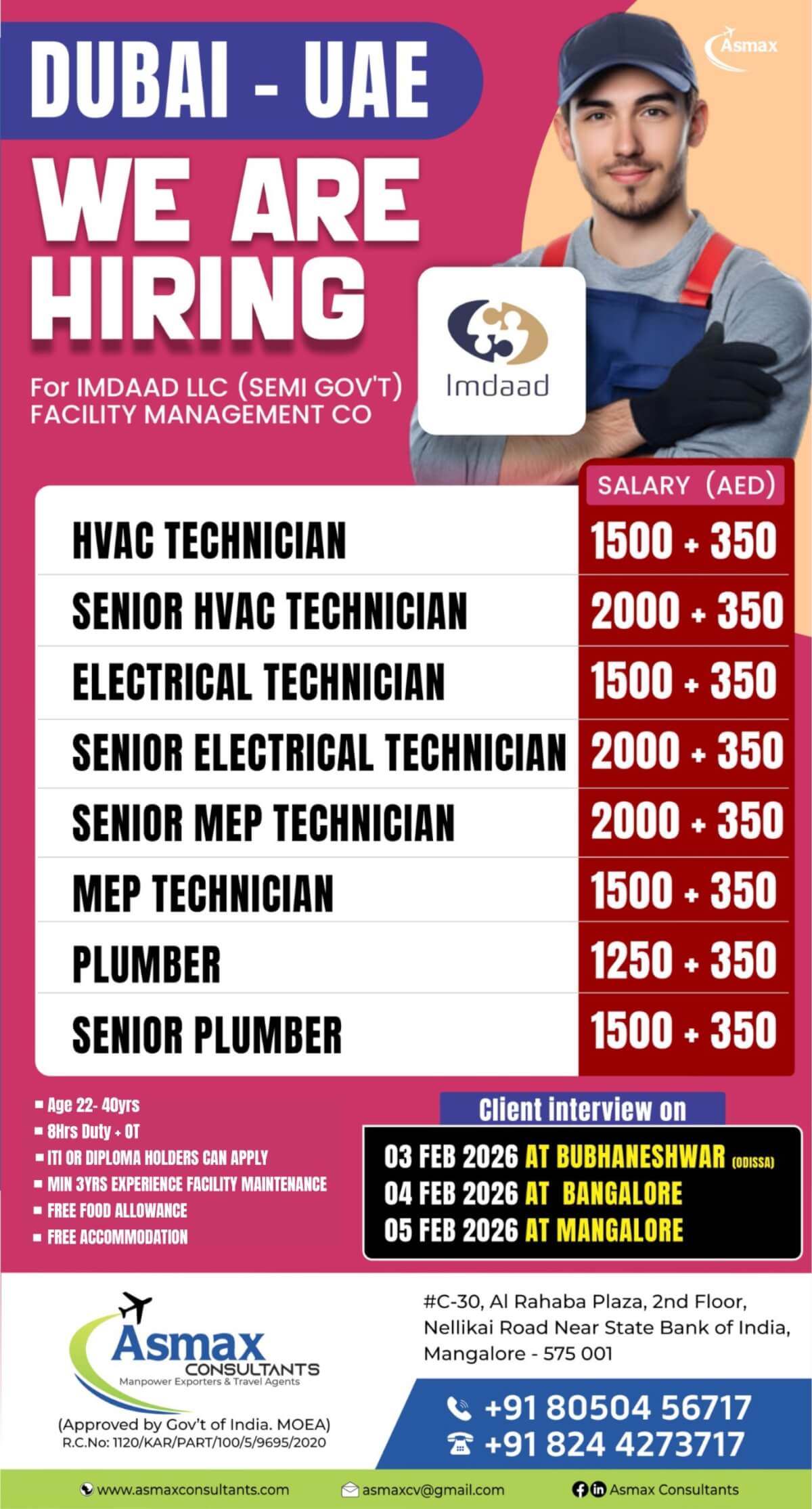 HIRING FOR IMDAAD LLC SEMI GOV'T CO DUBAI CLIENT INTERVIEW BANGALORE /MANGALORE