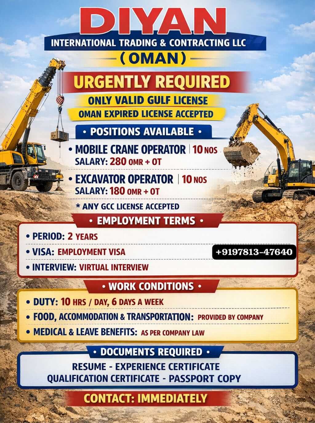 Urgent requirement for CRANE OPERATOR & Excavator operator
