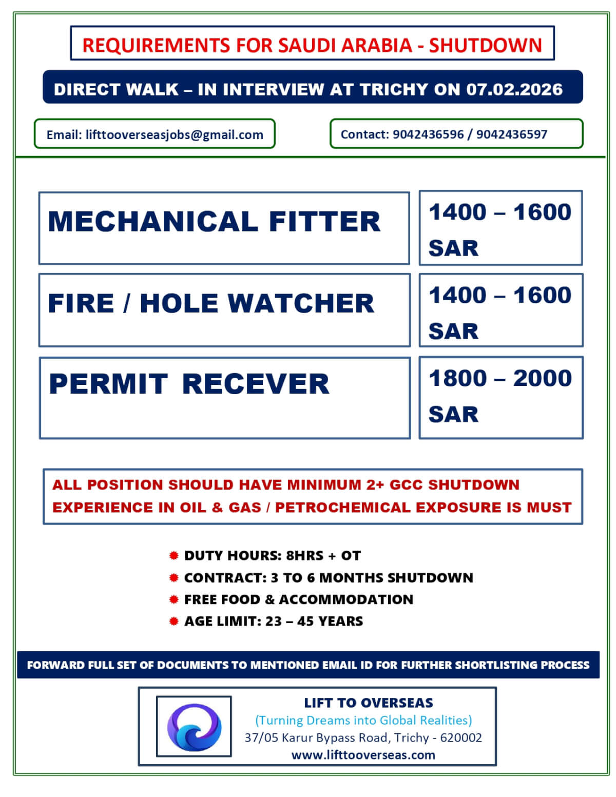 MECHANICAL FITTER , FIRE/ HOLE WACHER , PERMIT RECEIVER MECHANICAL FITTER , FIRE/ HOLE WACHER , PERMIT RECEIVER