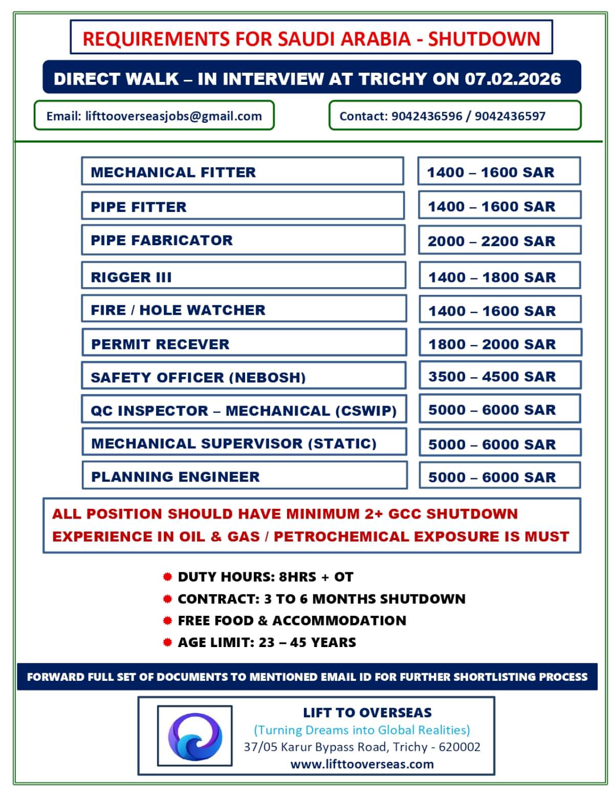 mechanical supervisor , safety officer QC inspector mechanical supervisor , safety officer QC inspector