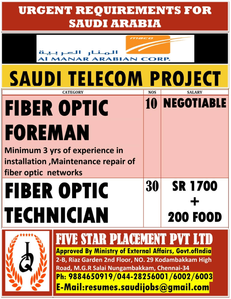 URGENTLY REQUIRED FOR SAUDI ARABIA