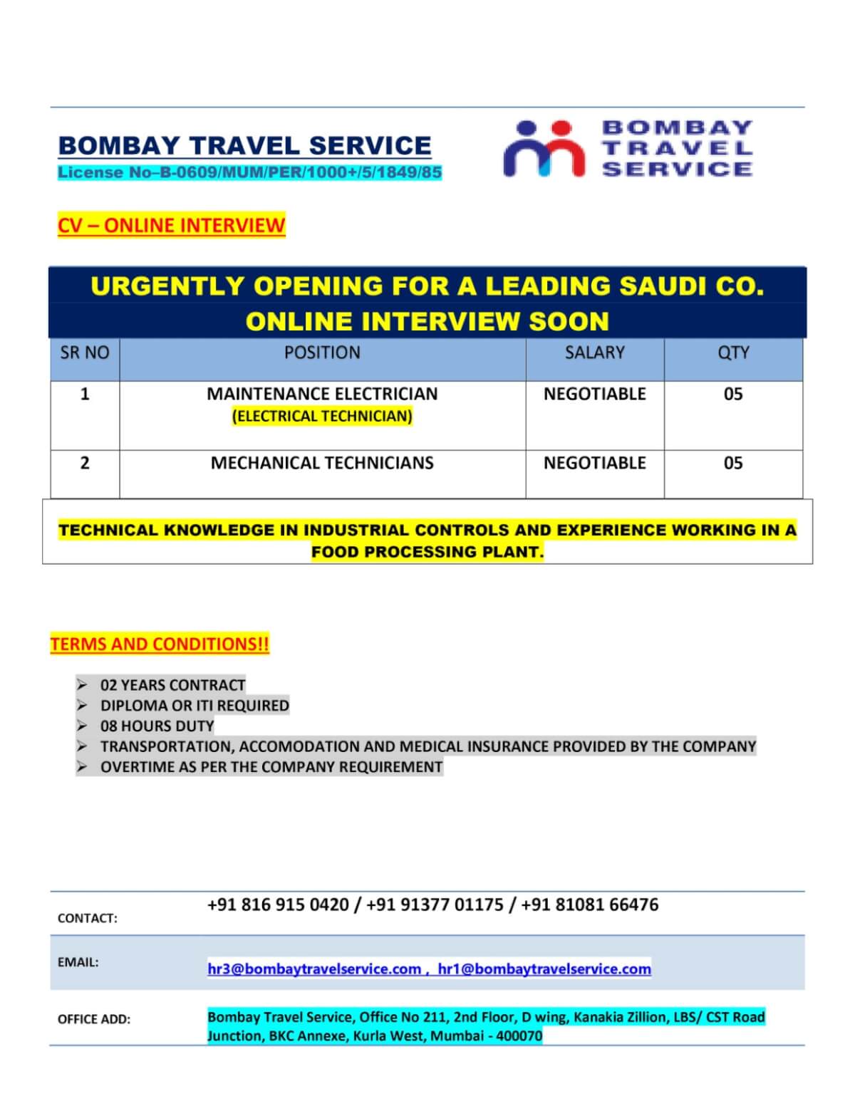 URGENTLY HIRING FOOD CO SAUDI ARABIA