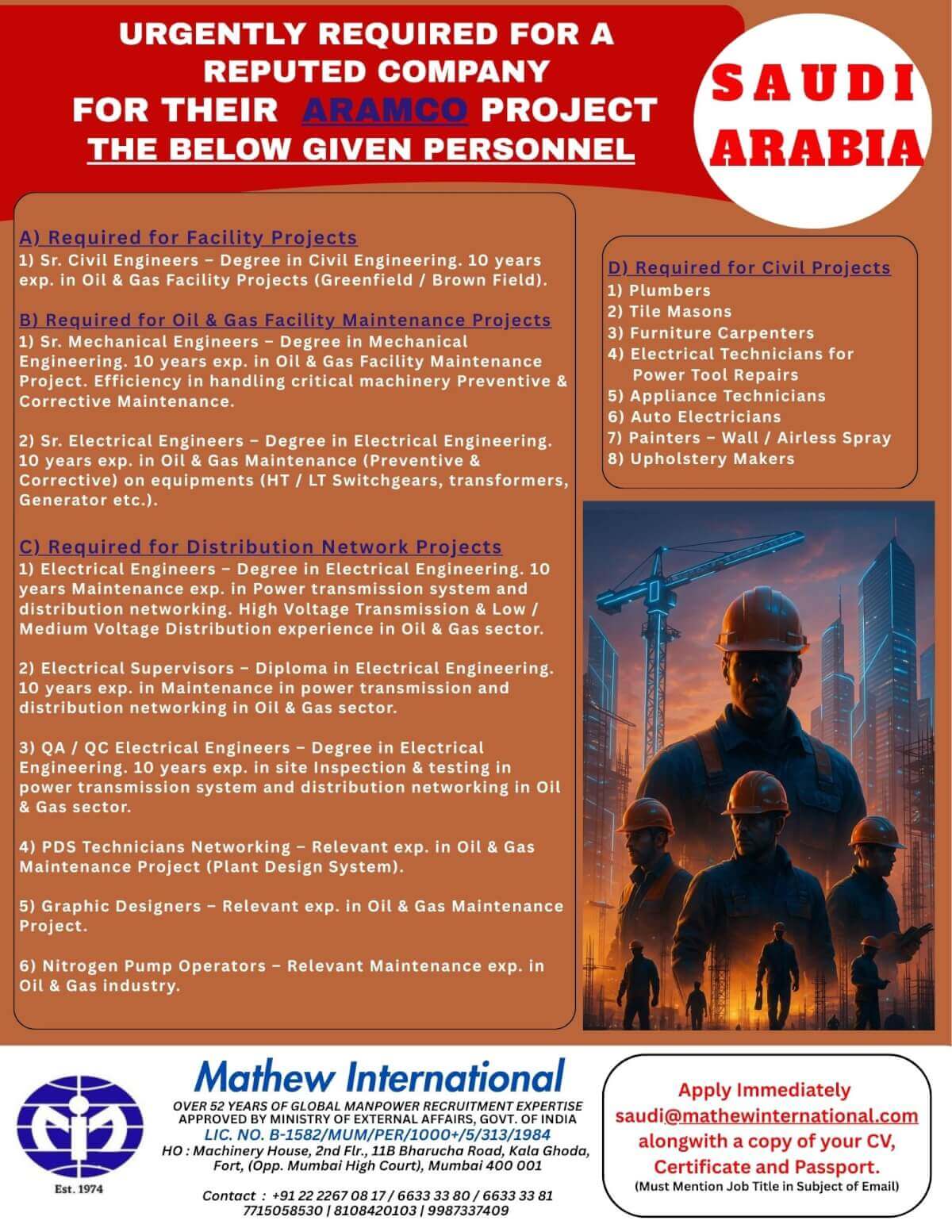 Saudi - Urgently required for a reputed company for their ARAMCO Project the below given personnel
