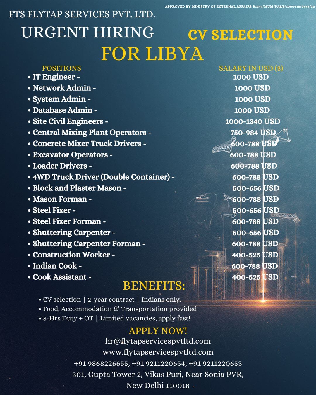 URGENT HIRING FOR LIBYA – MULTIPLE POSITIONS FTS Flytap Services Pvt. Ltd.