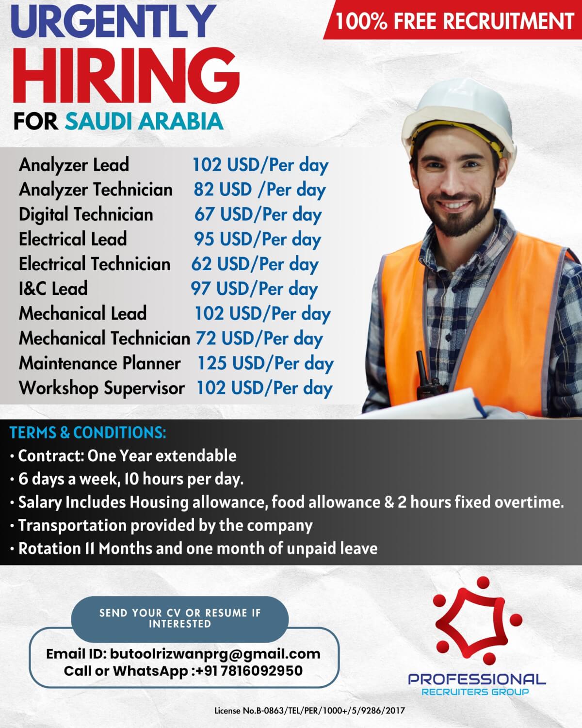 URGENTLY HIRING FOR SAUDI ARABIA (FREE RECRUITMENT)