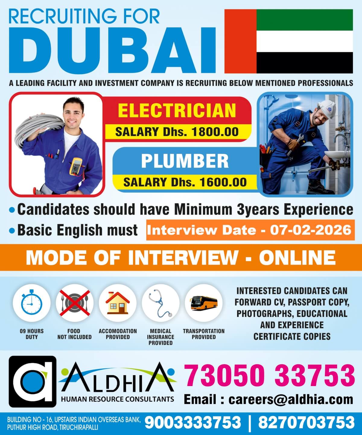 Online Interview - Dubai - Technician & Helper