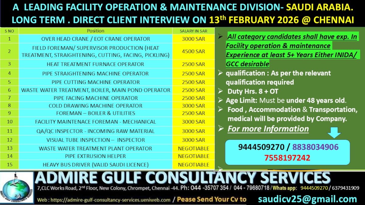 A LEADING FACILITY OPERATION & MAINTENANCE -DIVISION - SAUDI ARABIA- LONG TERM . DIRECT CLIENT INTERIVIEW ON 13th FEBRUARY 2026 @ CHENNAI A LEADING FACILITY OPERATION & MAINTENANCE -DIVISION - SAUDI ARABIA- LONG TERM . DIRECT CLIENT INTERIVIEW ON 13th FEBRUARY 2026 @ CHENNAI