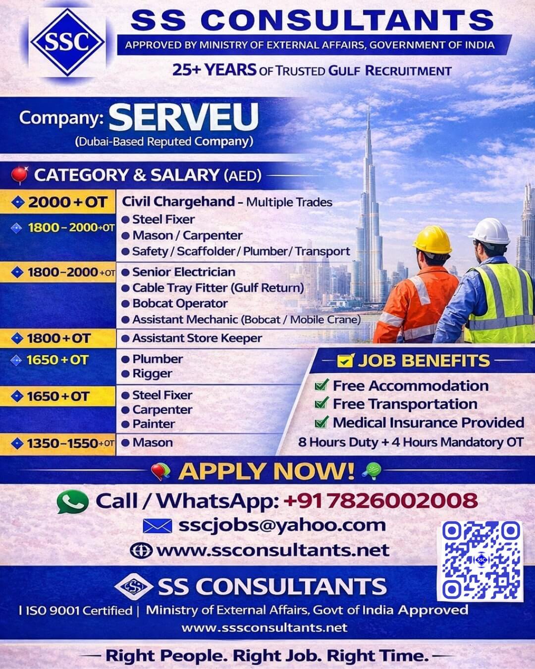 Dubai Construction Jobs 2026 – Steel Fixer, Mason, Electrician & More | SS Consultants for SERVEU