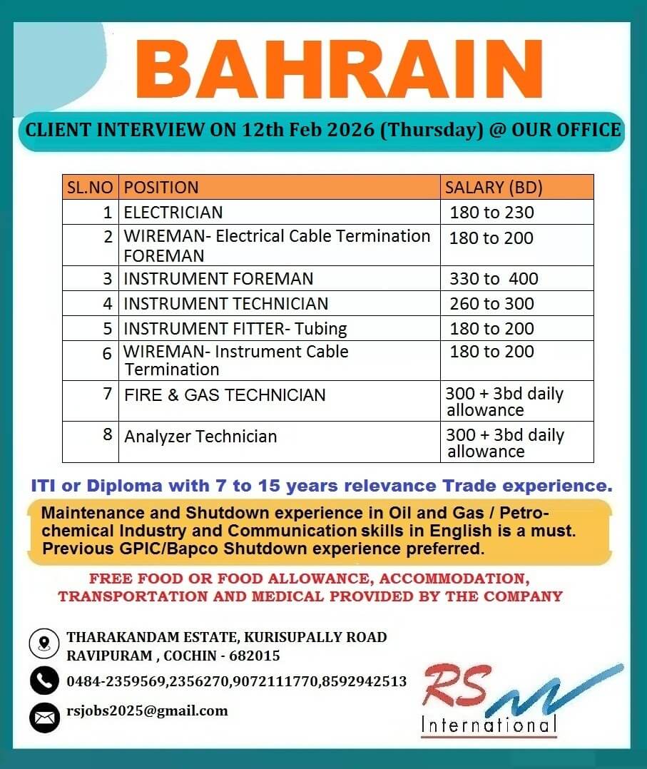 >Electrician >Wireman-Electrical cable termination Foreman >Instrument Foreman >Instrument Technician >Instrument Fitter-Tubing >Wireman-Instrument Cable termination >Fire&Gas Technician >Analyzer Technician