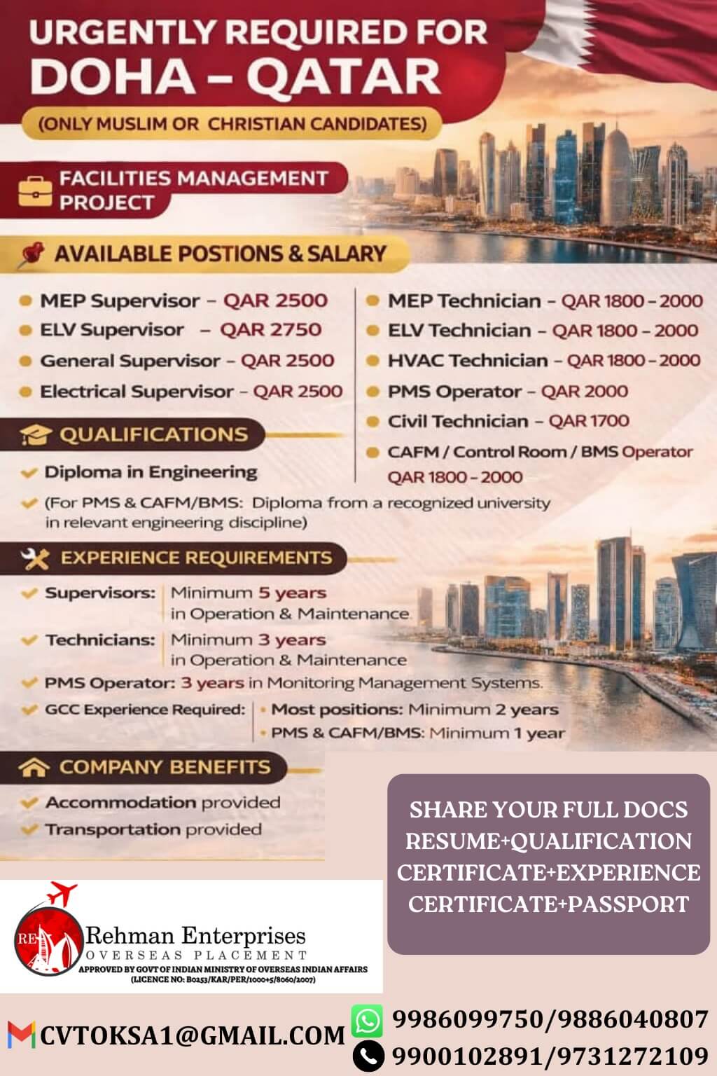 URGENTLY REQUIRED FOR DOHA QATAR