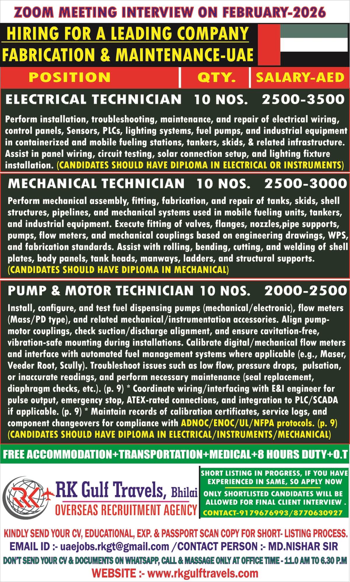 HIRING FOR A LEADING COMPANY - DUBAI (UAE).