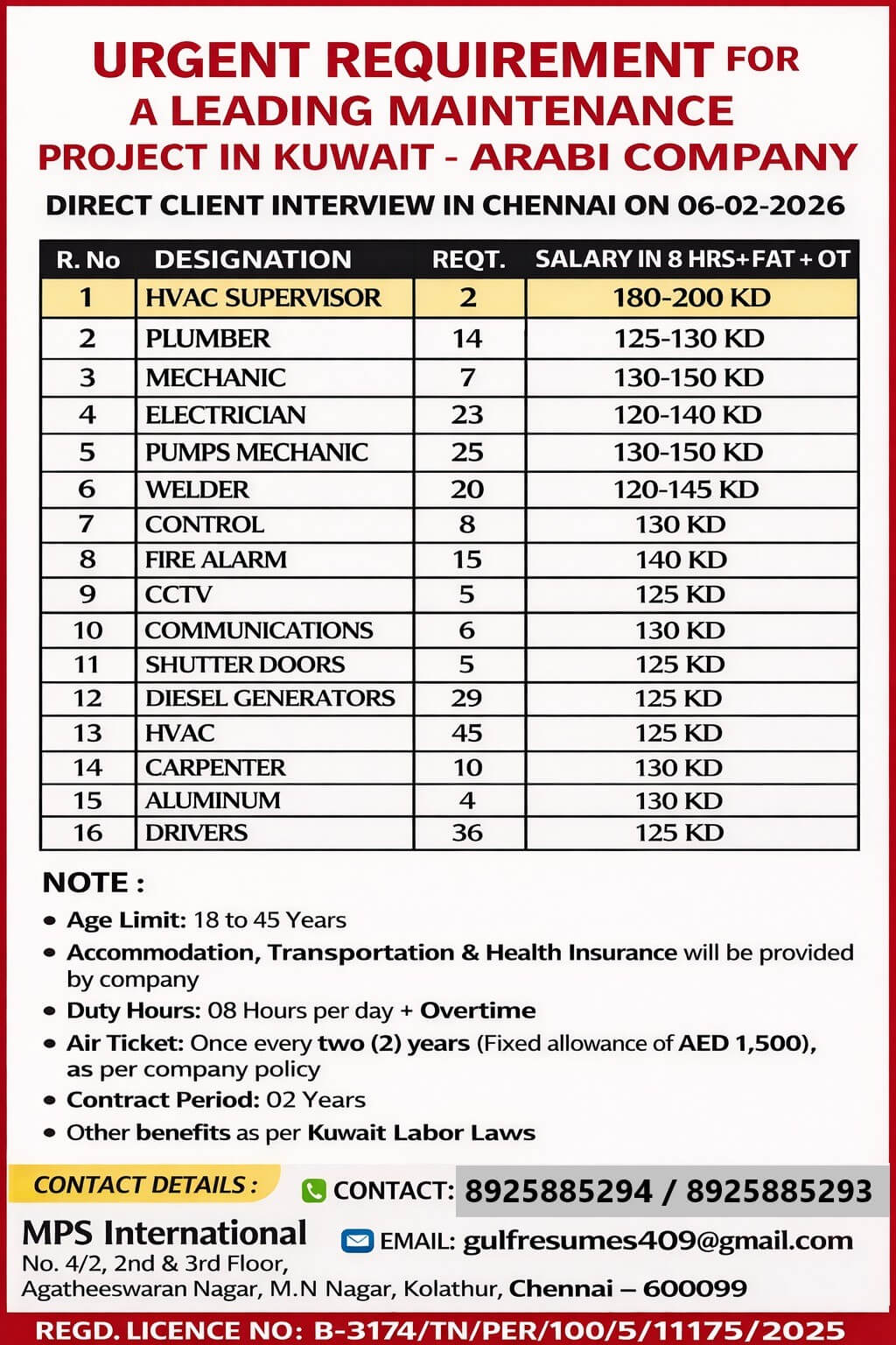 URGENT REQUIREMENT FOR A LEADING MAINTENANCE PROJECT IN KUWAIT – ARABI COMPANY  Direct Client Interview in Chennai on: 06-02-2026