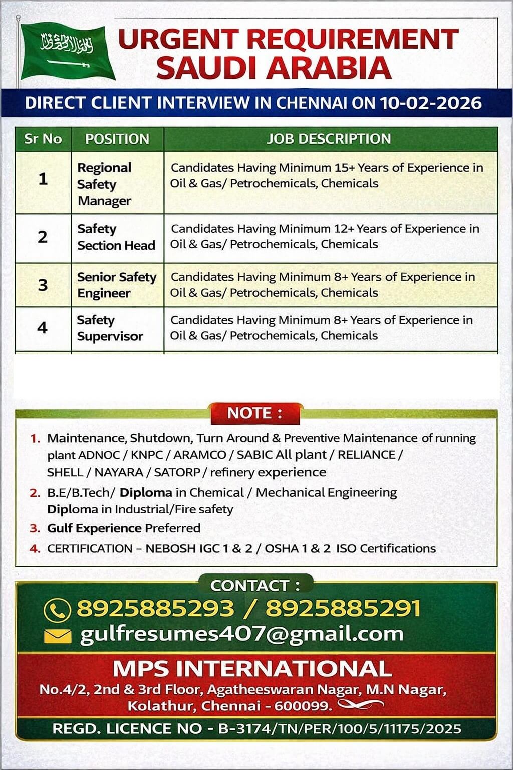 URGENT REQUIREMENT – SAUDI ARABIA  Direct Client Interview in Chennai on: 10-02-2026