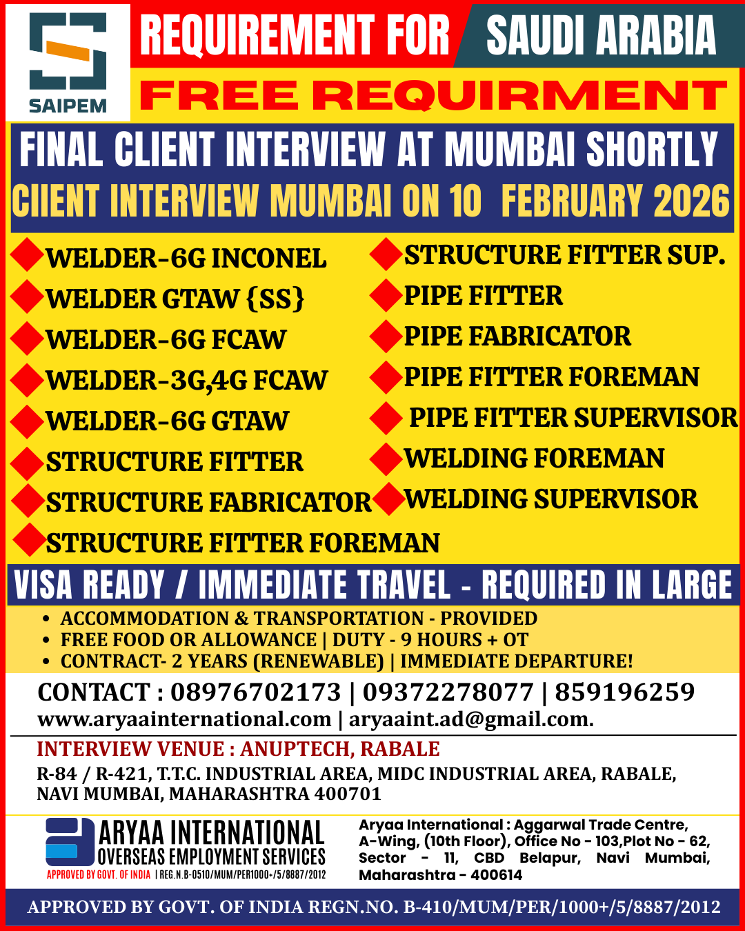 FREE REQUIREMENT – SAUDI ARABIA ?? Final Client Interview in Mumbai – 10 February 2026