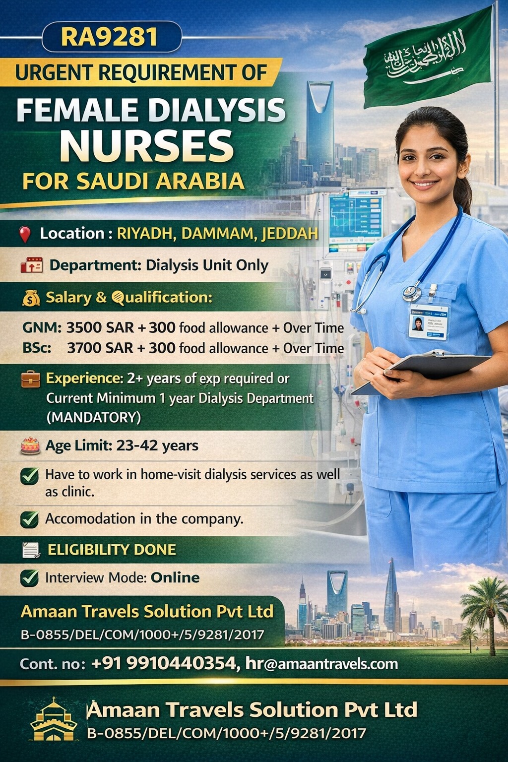 HIRING FEMALE STAFF NURSES FOR SAUDI ARABIA