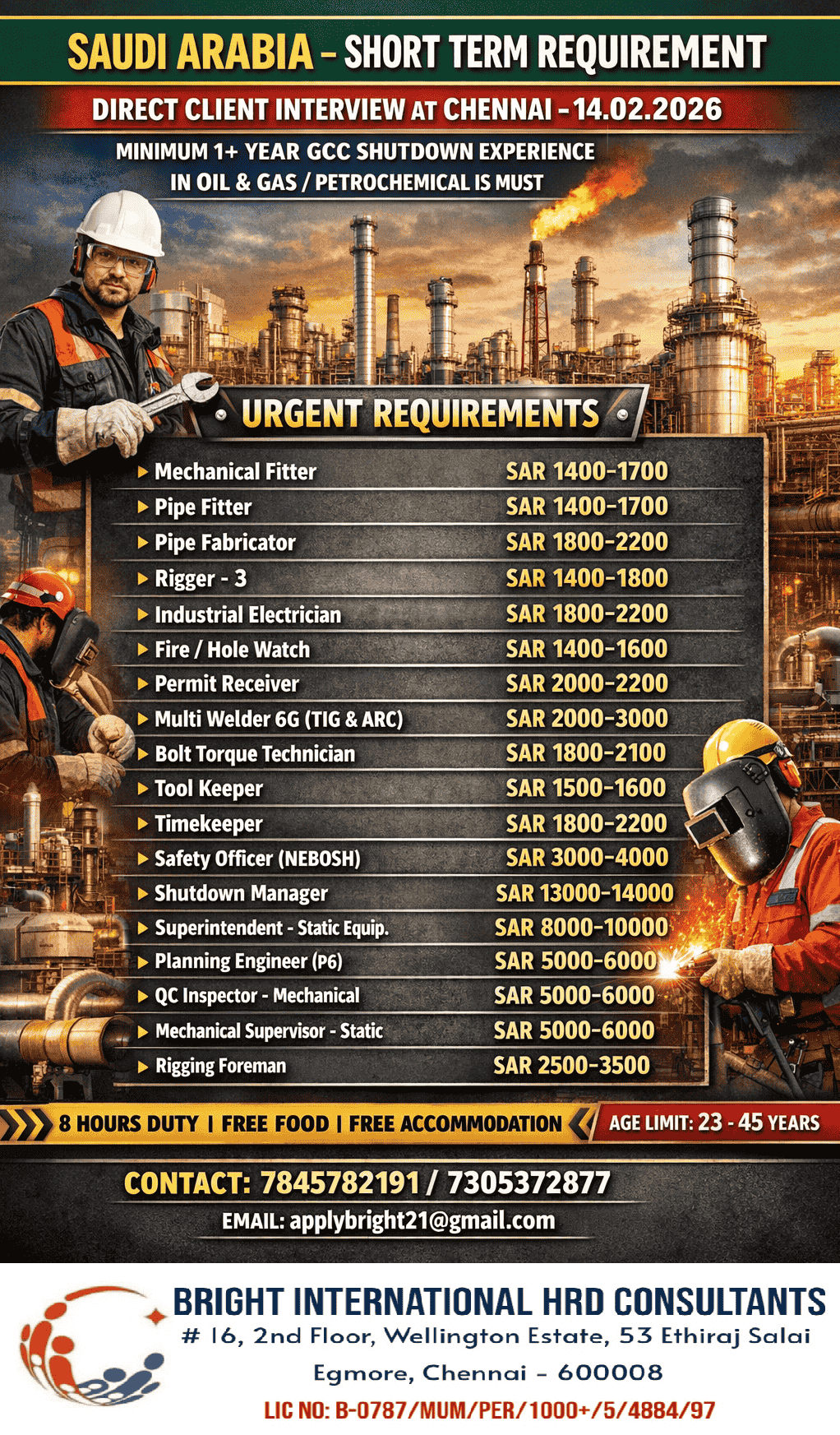 FREE REQUIREMENT - OIL & GAS SHORT TERM