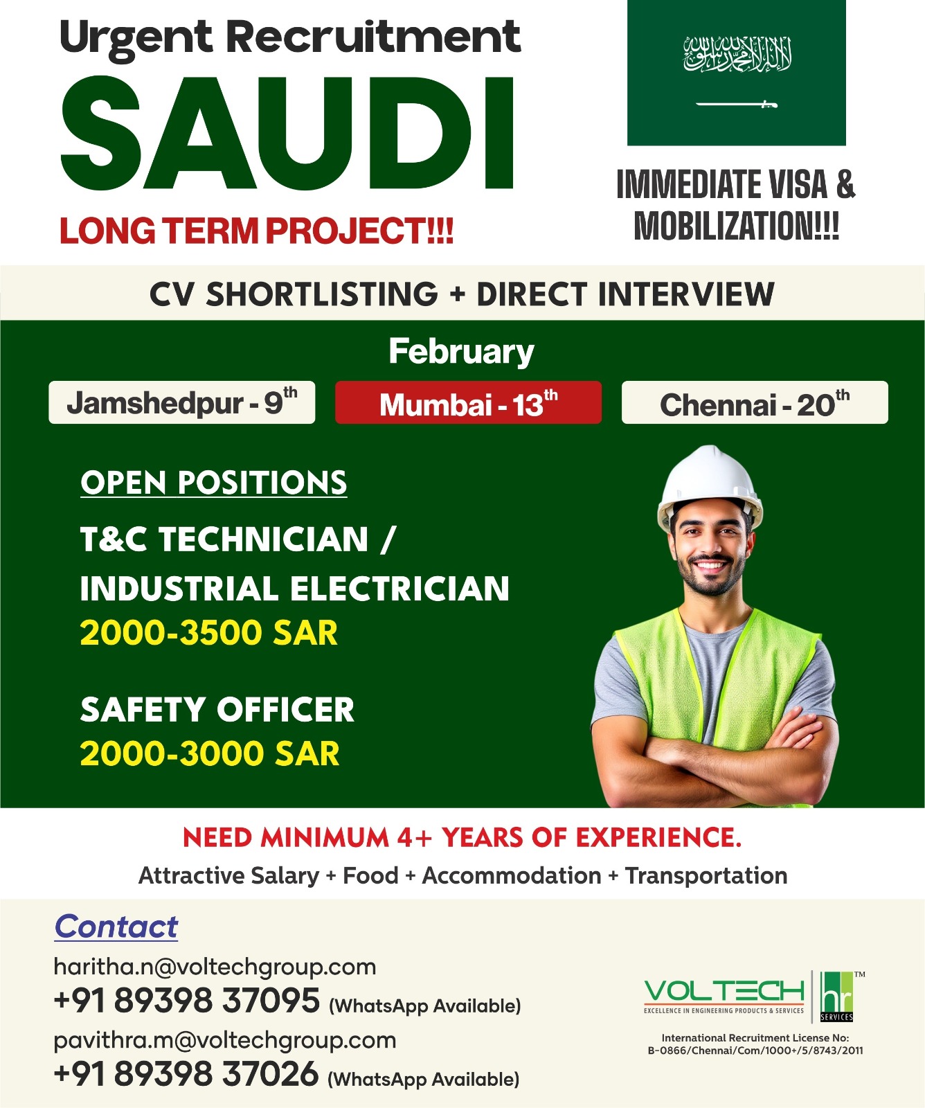 Immediate requirement for " Safety Officer and Testing Technician " @ Saudi Arabia