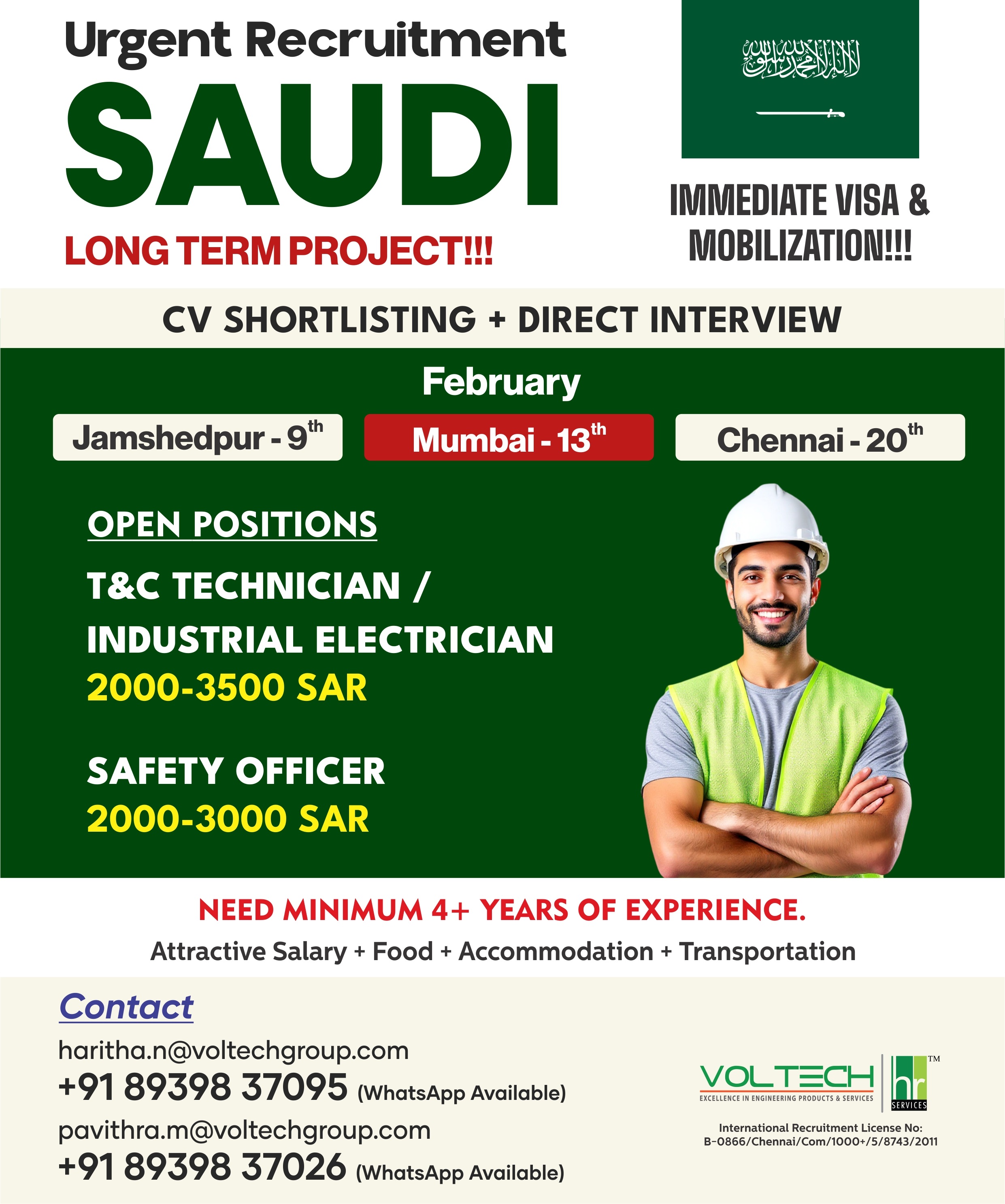 Immediate requirement for " Safety Officer and Testing Technician " @ Saudi Arabia