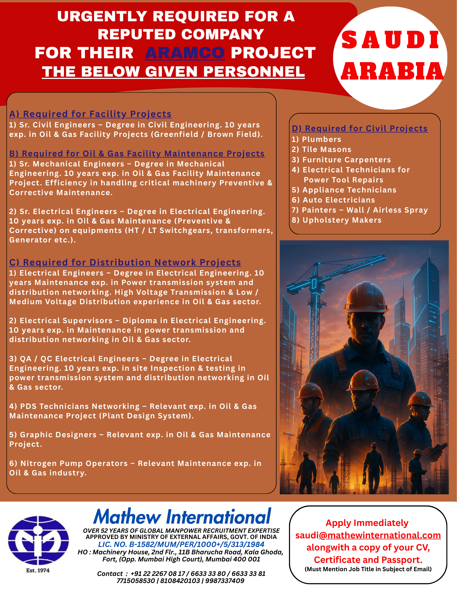 Saudi - Urgently required for a reputed company for their ARAMCO Project the below given personnel Position:osition: