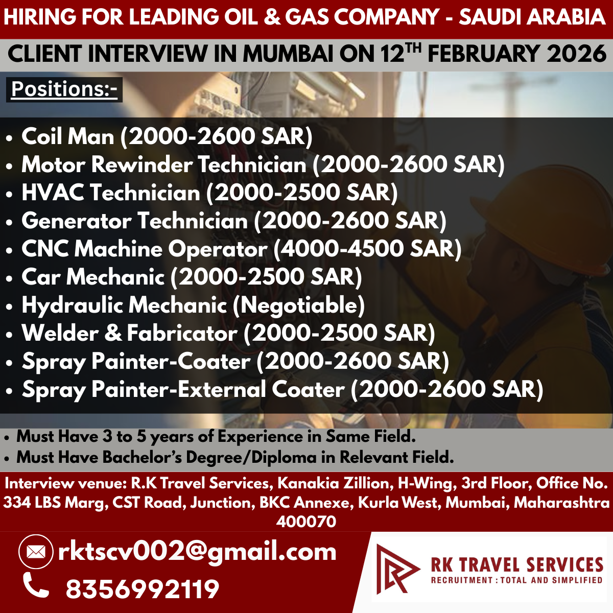 HIRING FOR LEADING OIL & GAS COMPANY - SAUDI ARABIA