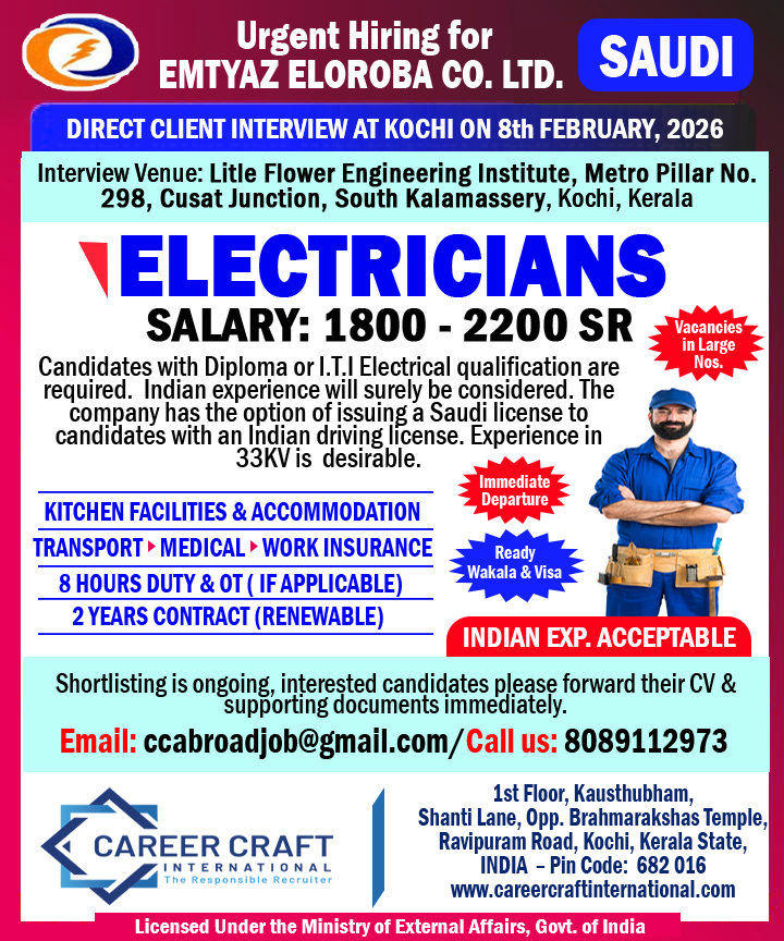 Client Interview at Kochi on 8th February, 2026 for a leading Saudi Company -