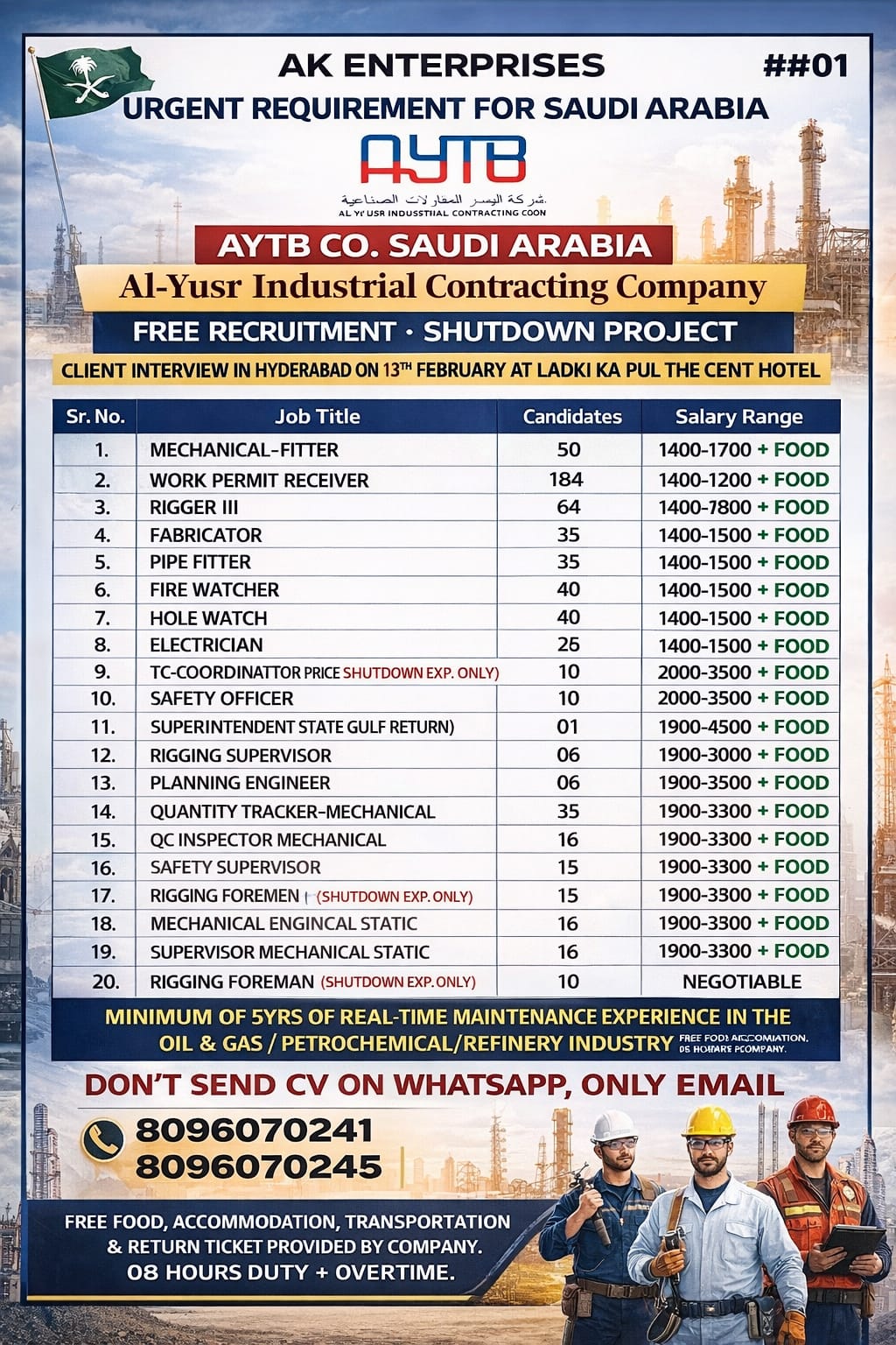 Face to Face Client Interview in Hyderabad for Al- Yusr Industrial Contracting Company for Saudi Arabia on 13 Feb