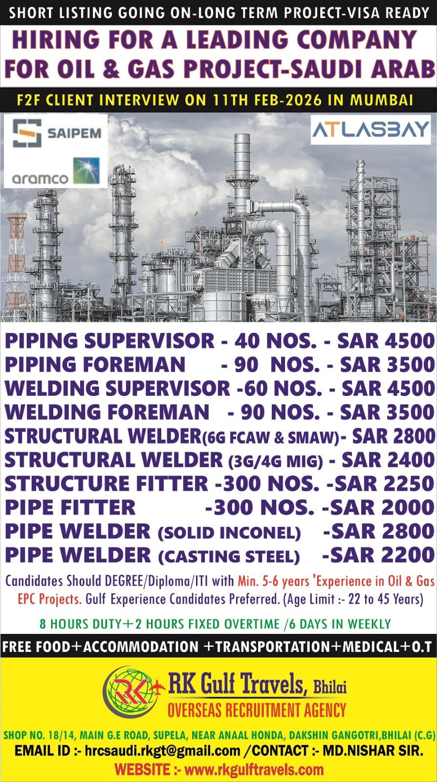 HIRING FOR ALEADING OIL & GAS COMPANY (ATLASBAY) - SAUDI ARAB.