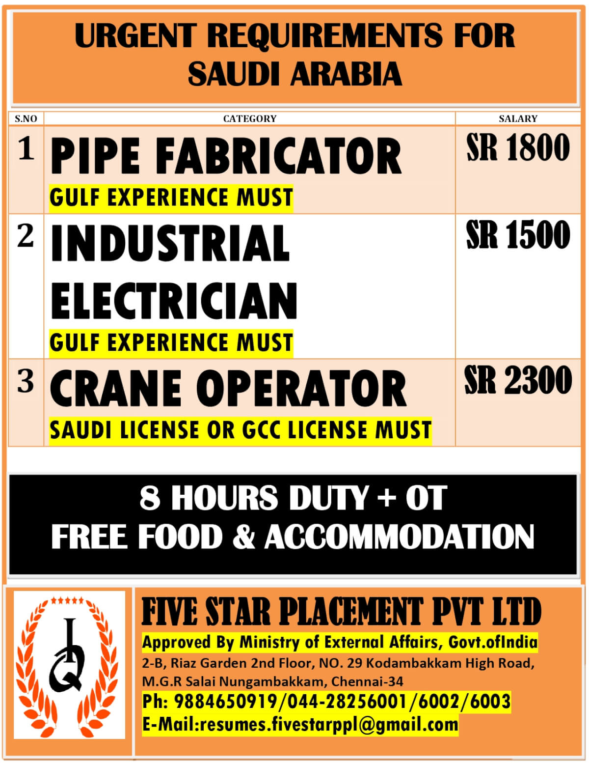 URGENTLY REQUIRED FOR SAUDI ARABIA