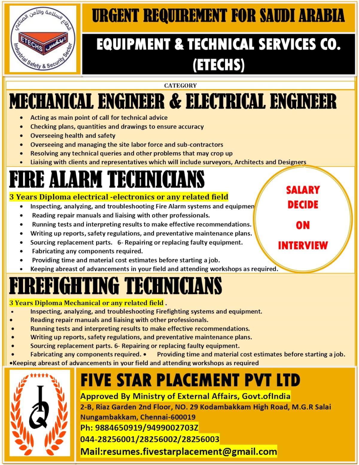 URGENTLY REQUIRED FOR SAUDI ARABIA