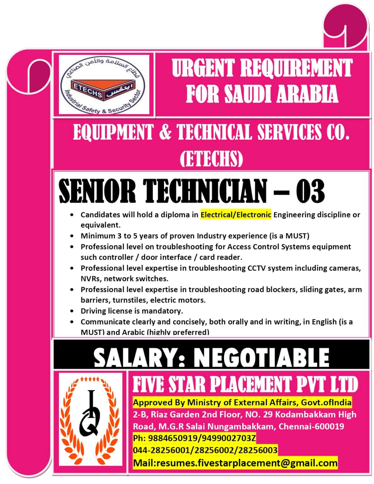 URGENTLY REQUIRED FOR SAUDI ARABIA
