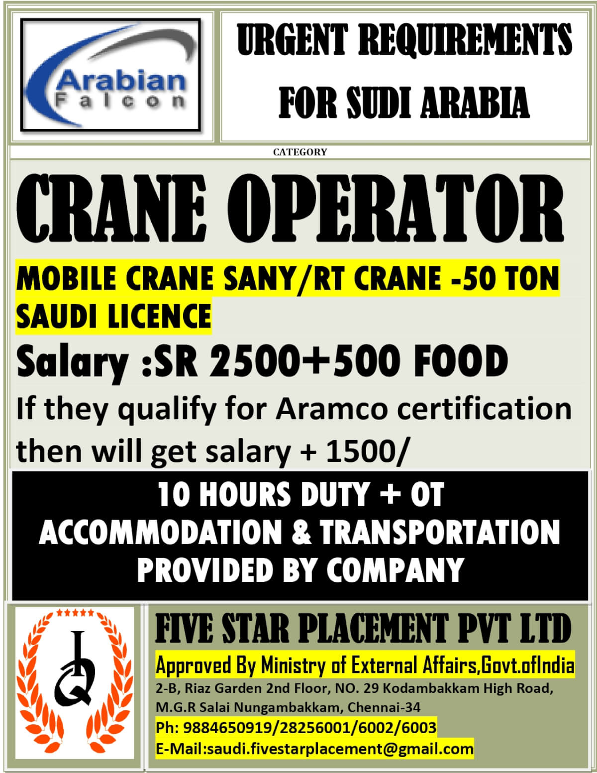 URGENTLY REQUIRED FOR SAUDI ARABIA