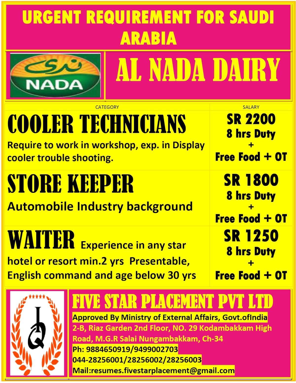 URGENTLY REQUIRED FOR SAUDI ARABIA