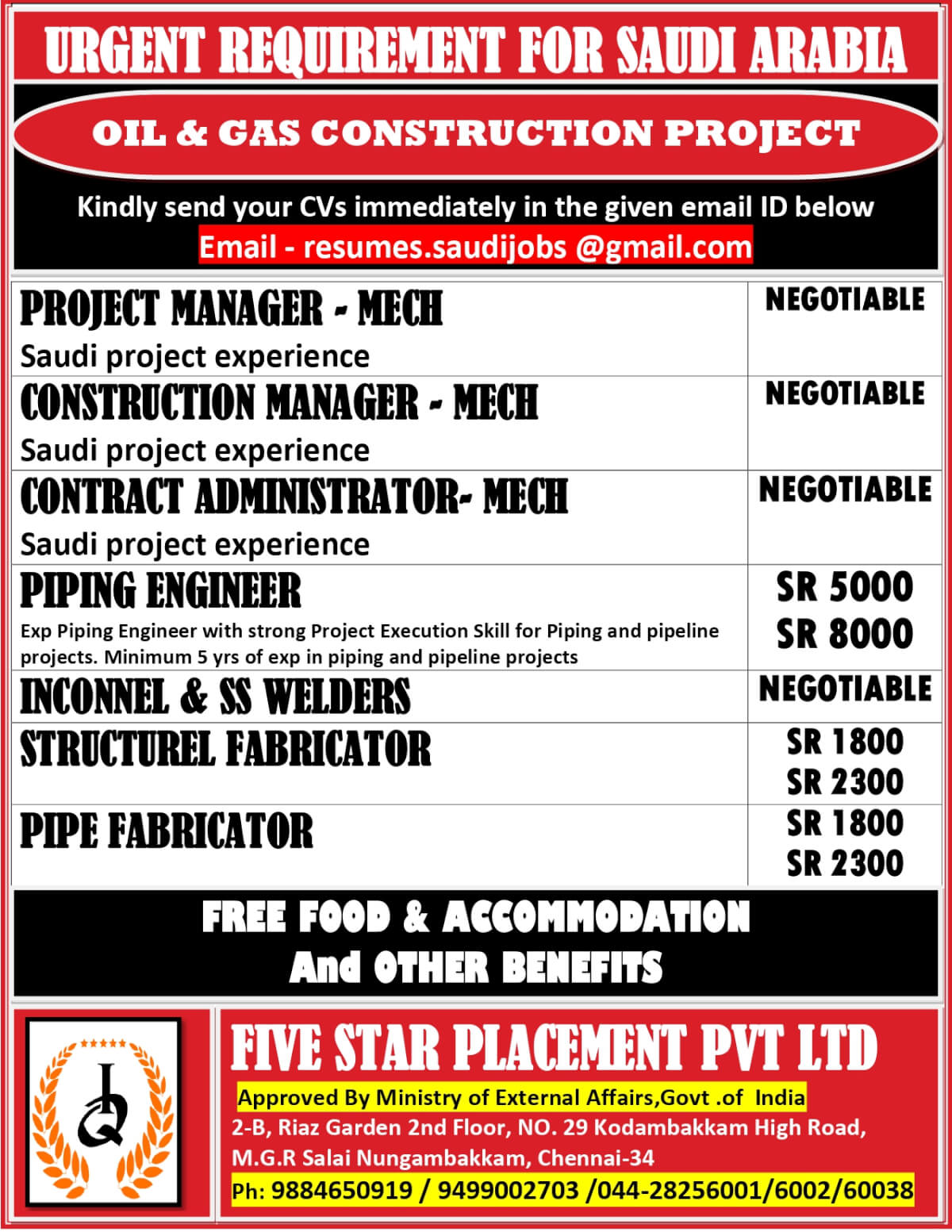 URGENTLY REQUIRED FOR SAUDI ARABIA