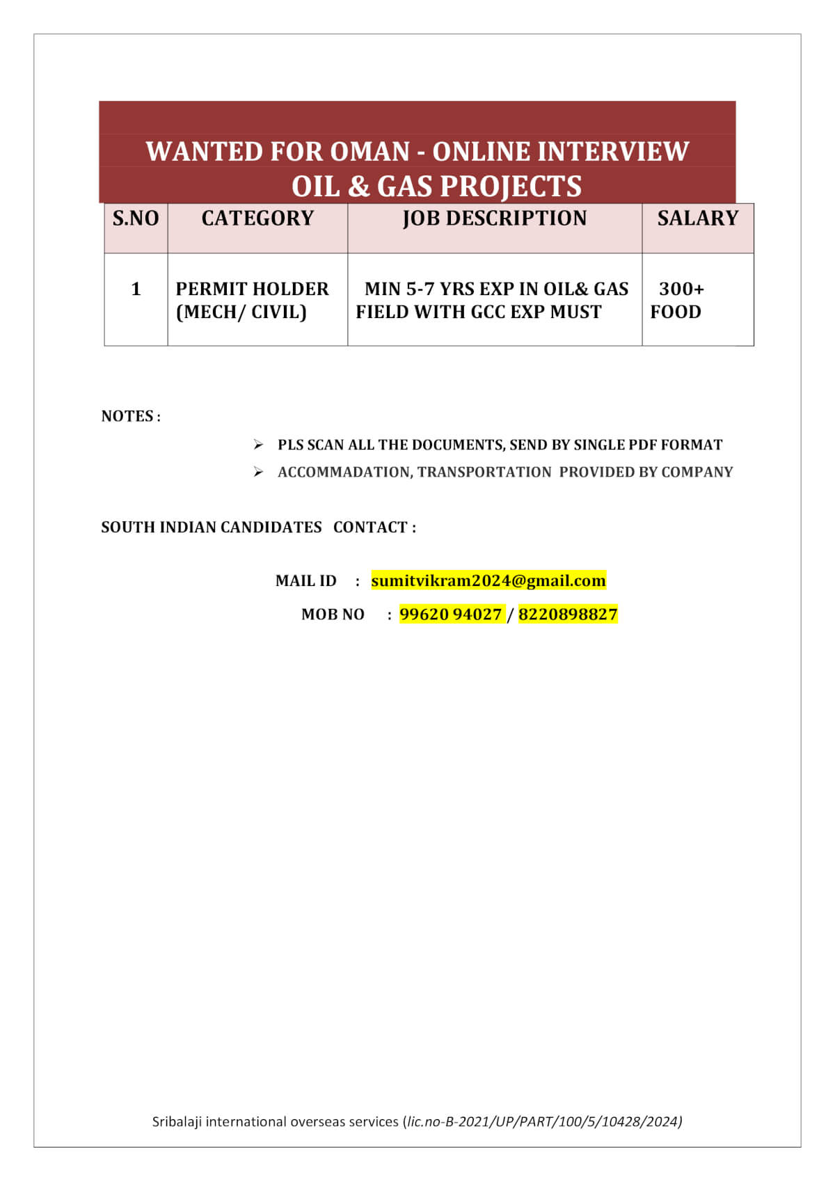 WANTED FOR OMAN ONLINE INTERVIEW (OIL & GAS PROJECT)