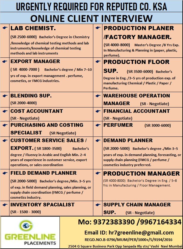 URGENTLY REQUIRED FOR REPUTED CO. KSA